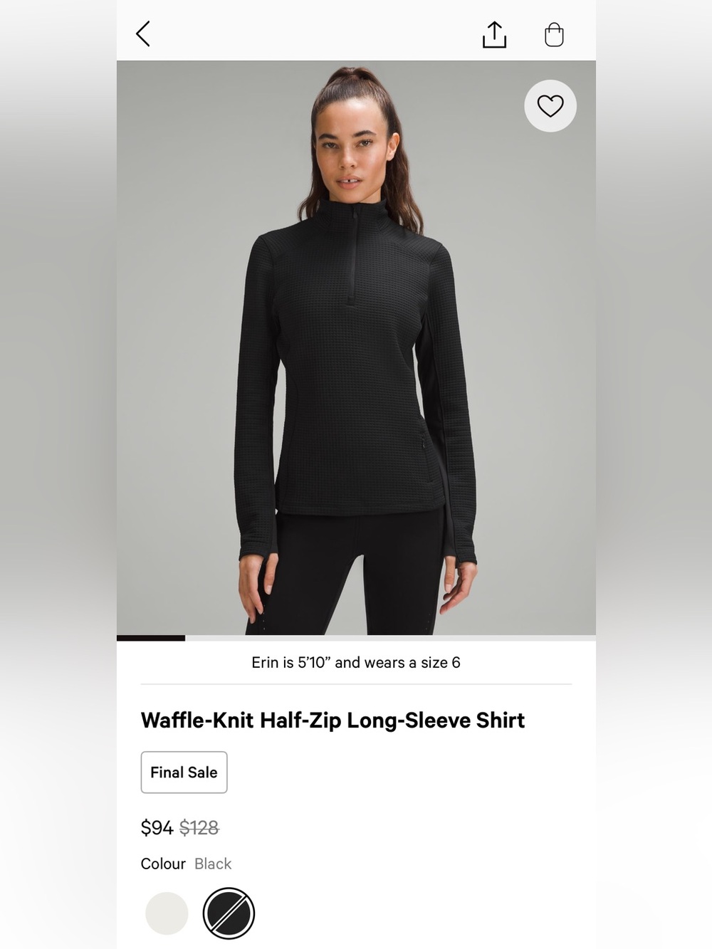 Lululemon Women’s Waffle Knit Half Zip Black 14